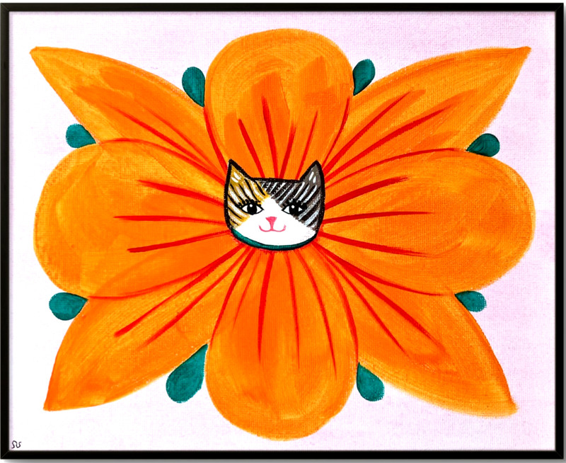 Magical Calico Cat Flower Creature Painting, Fantasy Animal Art on Canvas 8×10