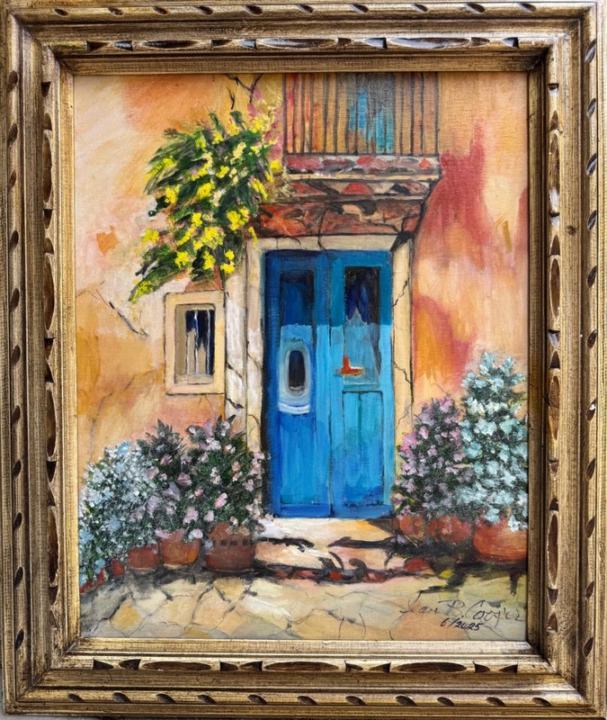 La Casa de Flores Signed Jean Cooper painting on canvas framed 16″ x20″