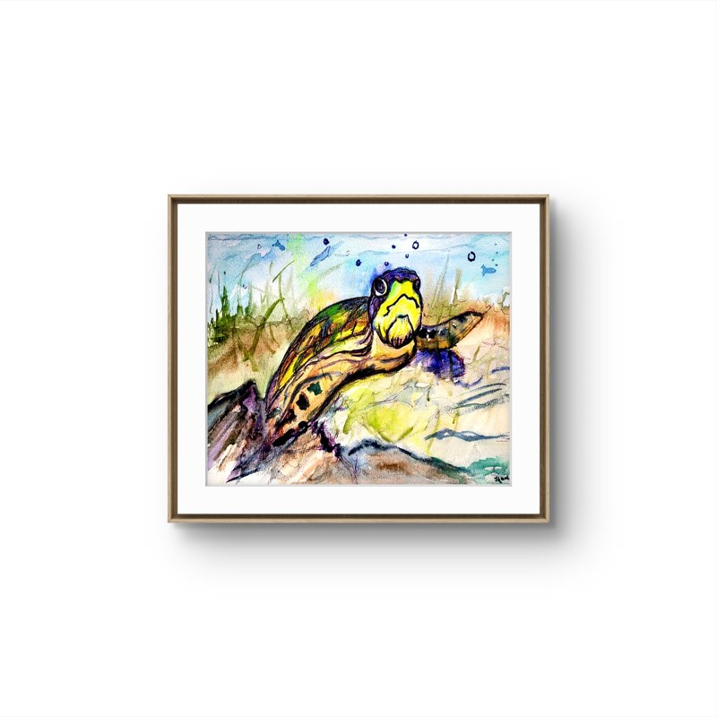 Original Sea Turtle Watercolor Painting 9 X 12 Modern Bathroom Paper Art gallery