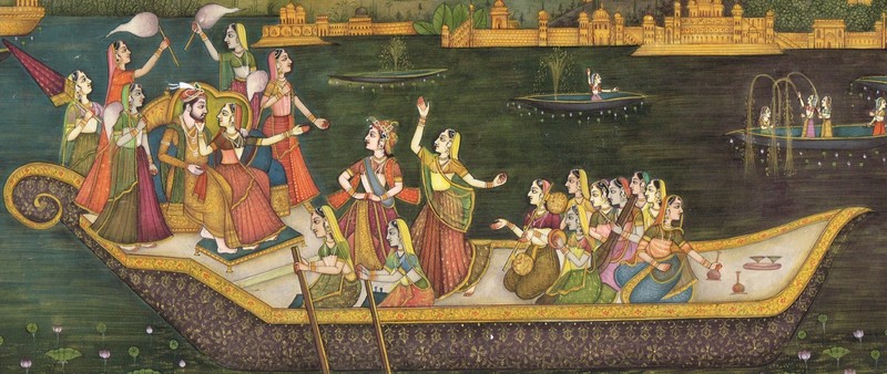 Indo-Persian Miniature – Royal Couple on Boat, Dancers & Musicians Scene15.5X8" gallery