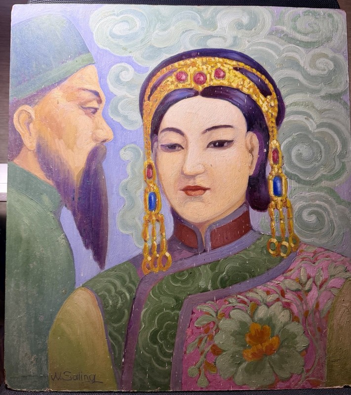 Oriental Mid-Century Artist W. Saling Original Oil On Masonite Board