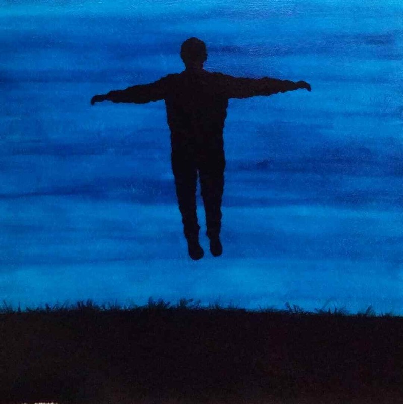 I can fly, original blue and black painting, surrealism art, hopper, magritte