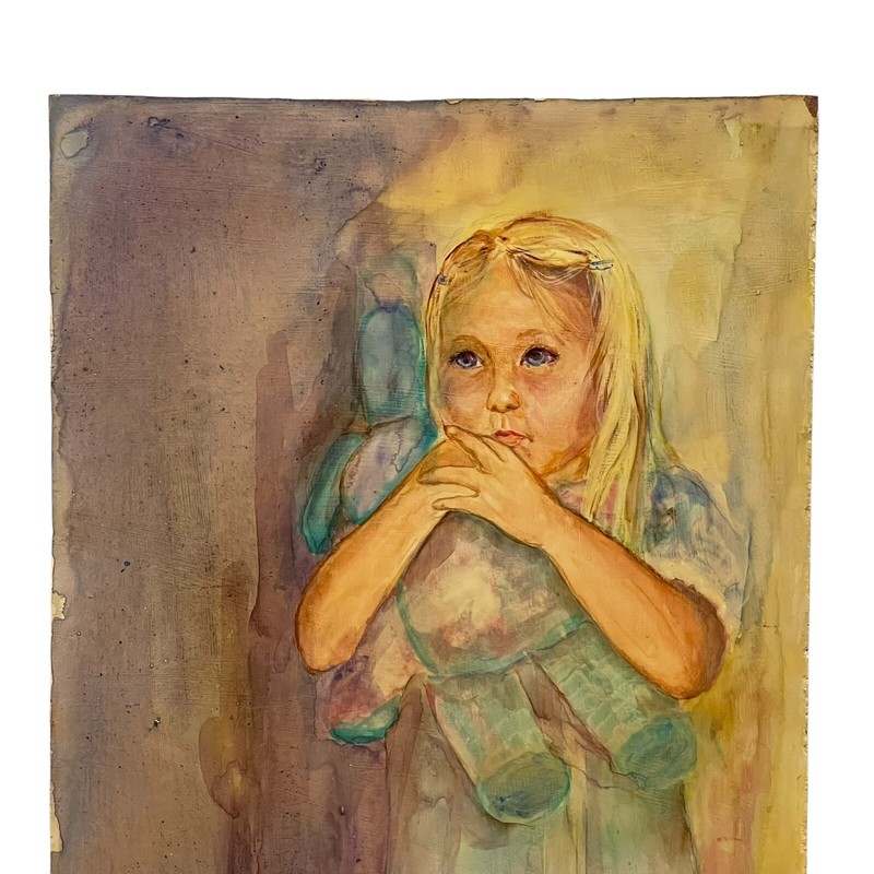 Vtg Portrait Watercolor Painting Girl Child Pajamas Bunny Signed SJ Wilson gallery