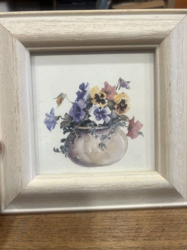 Rosalind Oesterle Framed Watercolor PRINT Pansies Floral Bouquet Garden 7.5×7.5”