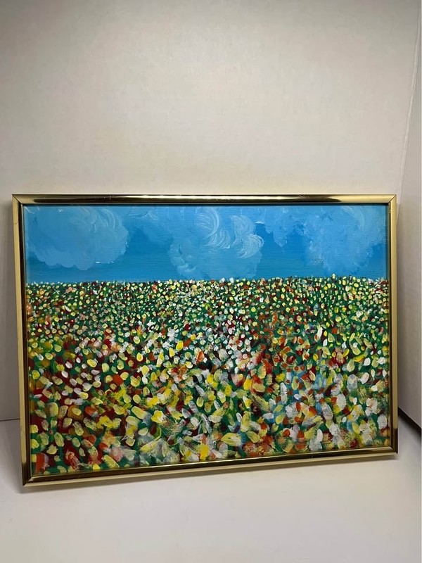 Framed 14×10 painting. Happy Cheerful Field of Color. 14×10