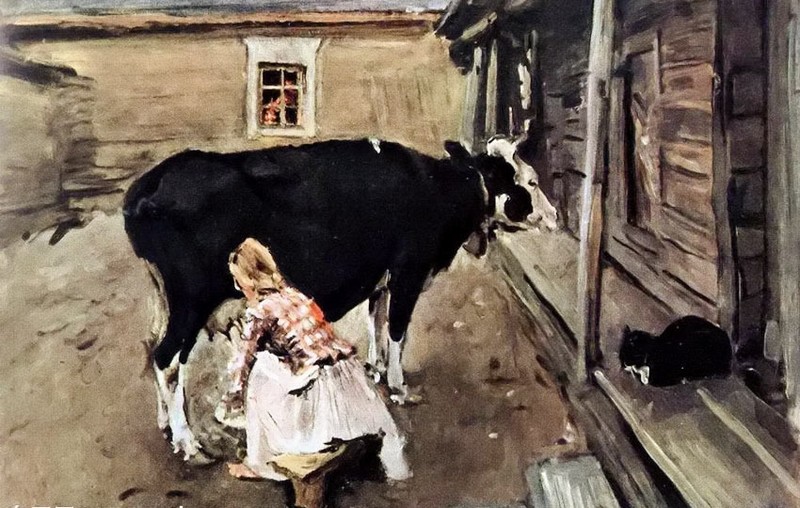Ｏｉｌ　ｐａｉｎｔｉｎｇ Valentin Alexandrovich Serov – Farm Yard in Finland with cow cat @@