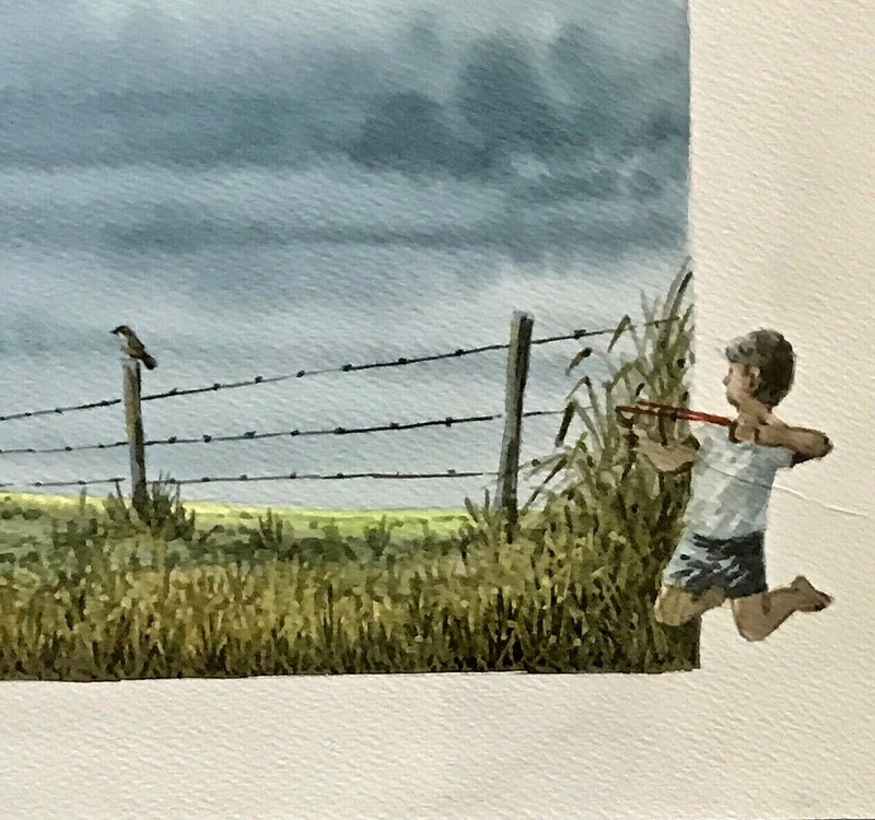 Original Signed FRANCISCO Watercolor Australian Landscape Boy w/ Sling-Shot Bird gallery