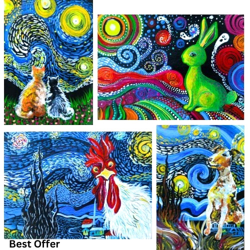 4Pcs ACEO Original Nightmare Sky Animals Starry Night Acrylic Art Set Paint NEW