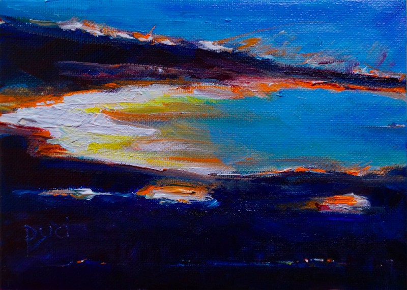 Original Acrylic Painting «HIDE AND SEEK» 5×7 inches – sky clouds light sunset