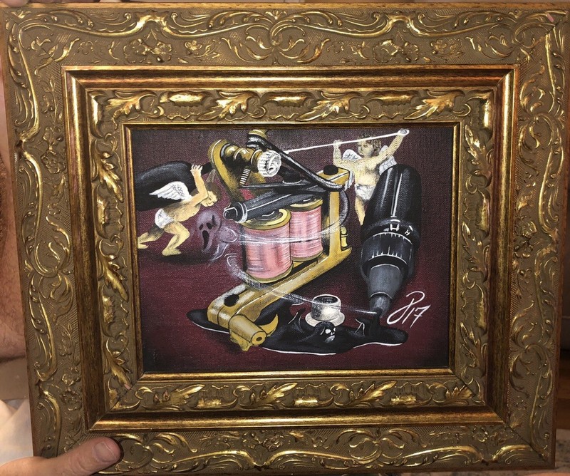 🔥Original Renaissance Cherubs Vintage Tattoo Machine Painting With Ornate Frame gallery