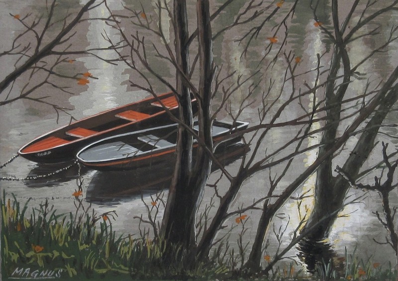 Atmospheric Vintage French Gouache, Boats on the River, Signed Magnus