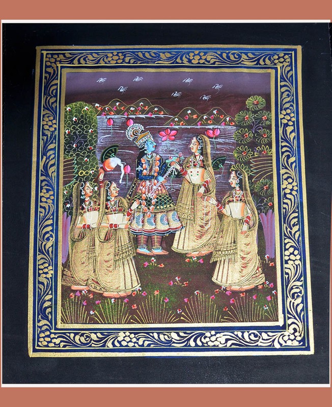 Original Radha Krishna Miniature Indian painting on silk cloth natural colors gallery