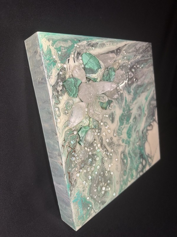Quartz Crystals and Malachite Clusters Abstract Resin Painting Canvas 12x12 gallery
