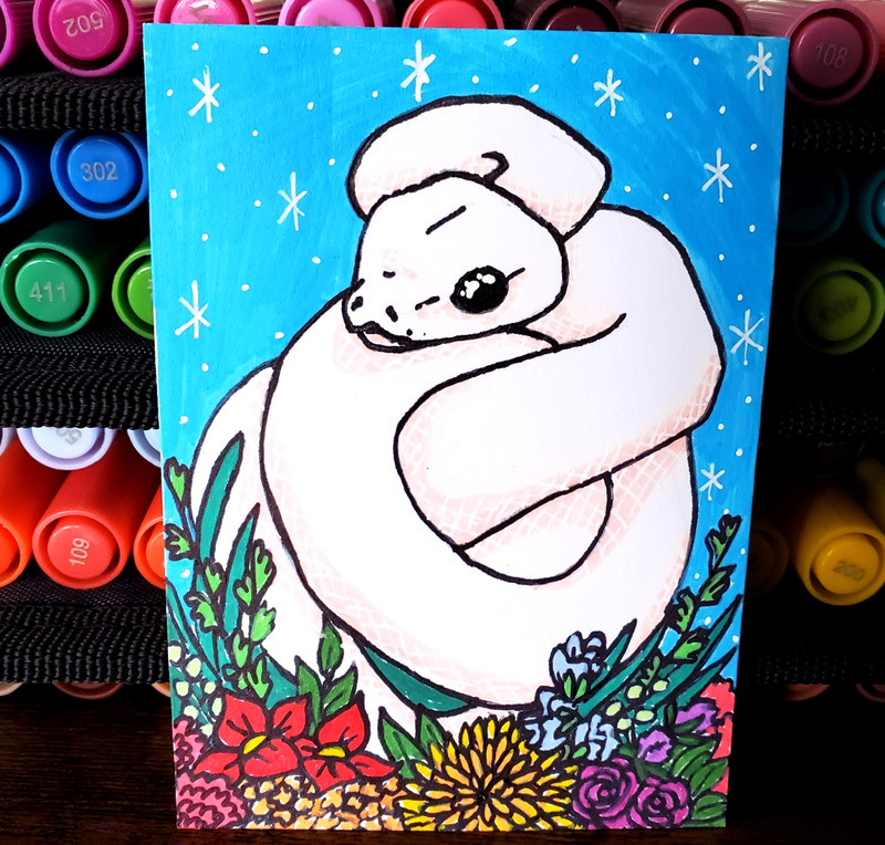 ACEO Original Art, OOAK, Snakes and Flowers, Acrylic Snake Painting #3