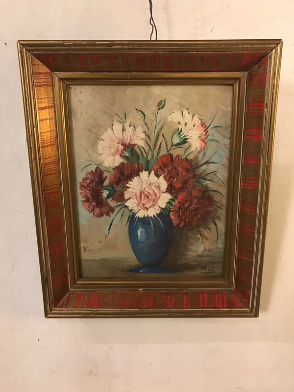 Oil On Canvas Flowers In Vase Signed “Albert”12″X14″.C9pics4details. MAKE OFFER