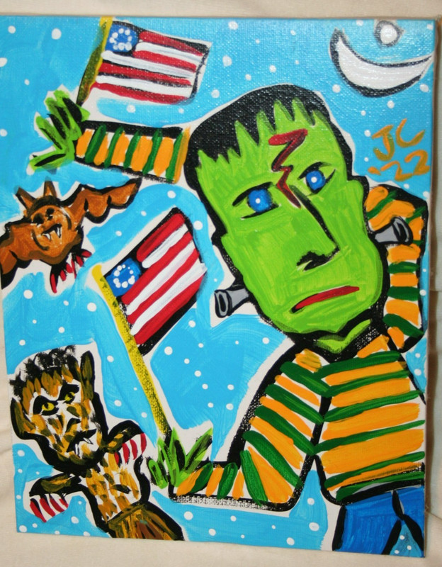 AMERICAN PATRIOT FRANKENSTEIN WEREWOLF BAT OUTSIDER ART JR CHARLIE FAST FOLK POP