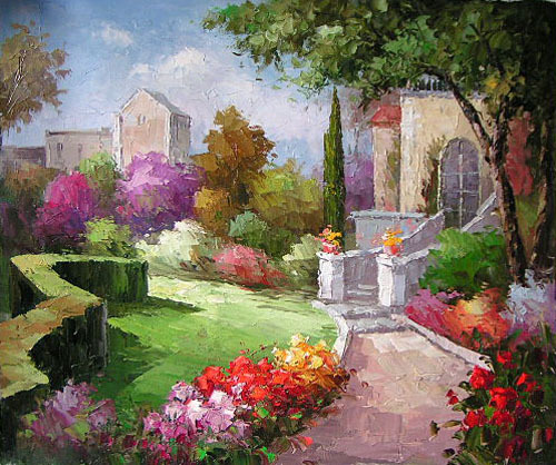 Enchanting Oil painting impressionism spring landscape with trees flowers ocean