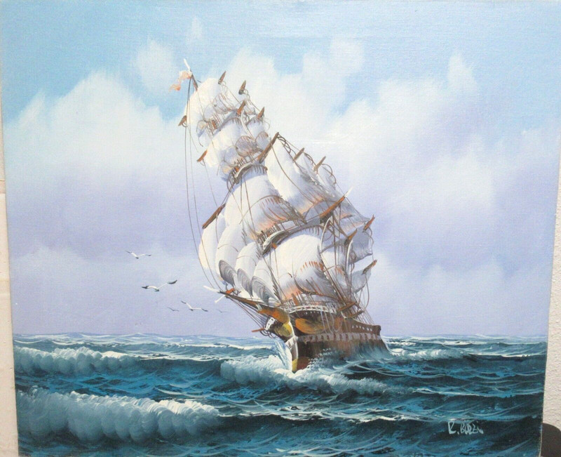 R. BOREN CLIPPER SHIP ORIGINAL OIL ON CANVAS SEASCAPE PAINTING UNFRAMED gallery
