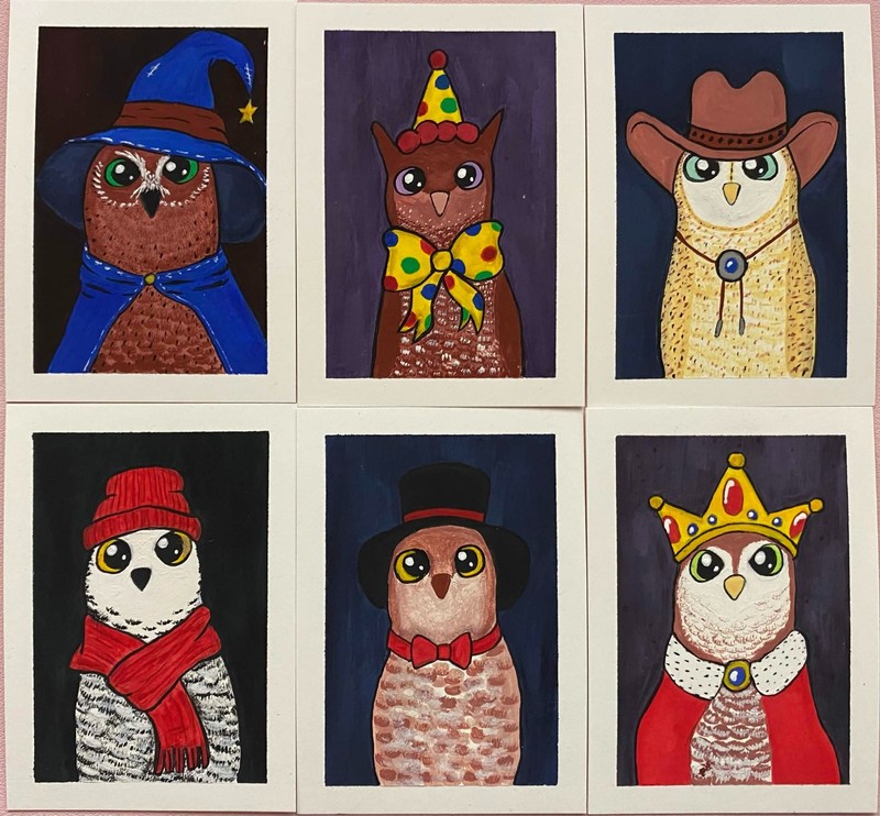 ACEO Original Owl Bird Hat Cowboy Cute Miniature Painting Art OneCraftyLady gallery