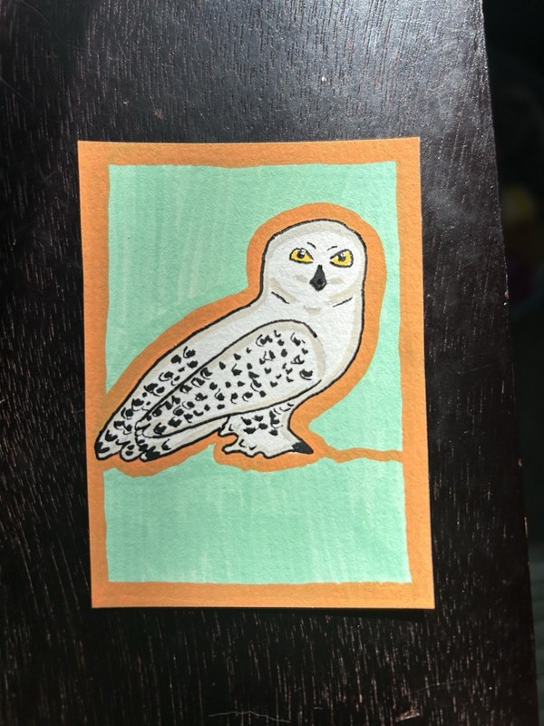 ACEO Nature Bird Snowy Owl 2.5”x3.5” Acrylic Painting on Paper by Anna