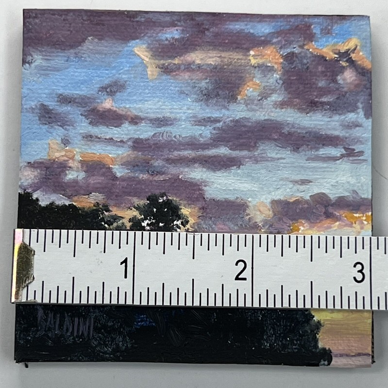 J R Baldini Oil on Canvas Plein Air Painting Sunset Dusk Colorful Clouds 3x3” gallery