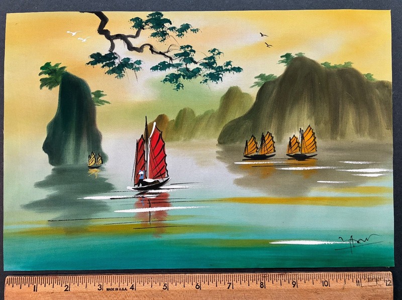 MidCentury SIGNED MINIATURE CHINESE OIL PAINTING on Fabric 12 1/4” x 8 1/4" gallery