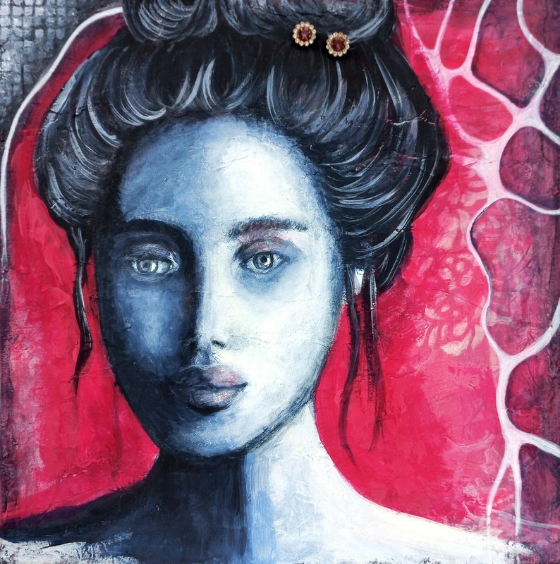 Girl Portrait Original Textured Modern Art Blue Grey Pink Wall Decor, 11×11