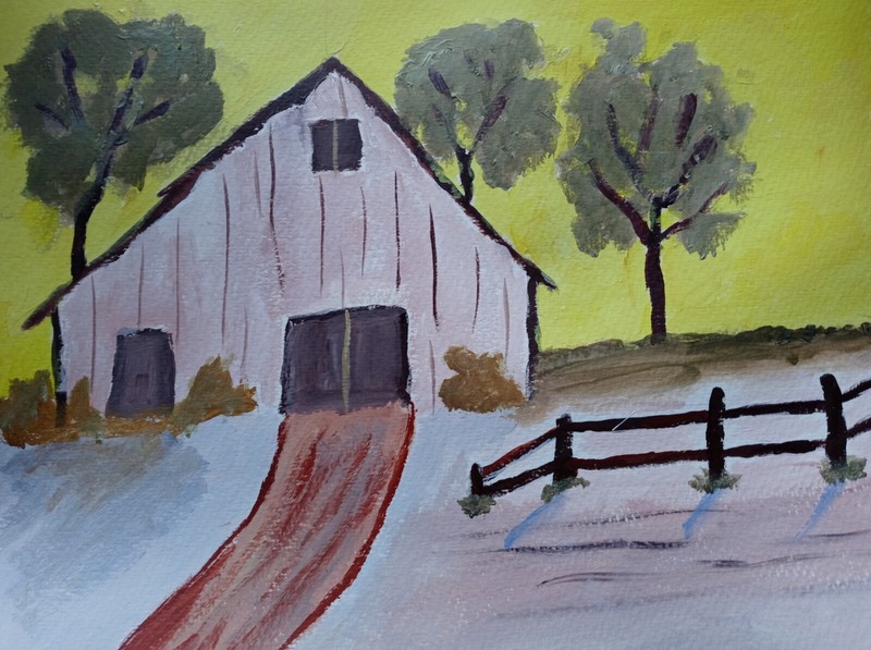 Impressionism Yellow Sky Barn 11×14 Handmade Signed Colorful Art Painting