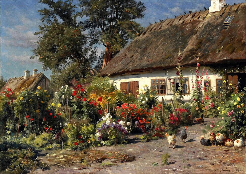 Garden with chickens Oil painting Wall art Giclee Printed on Canvas P796