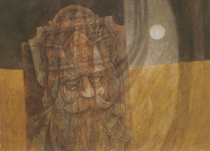 «The Fallen King» in Moonlight Casein 31 x 23 Painting-1967-William Gorman