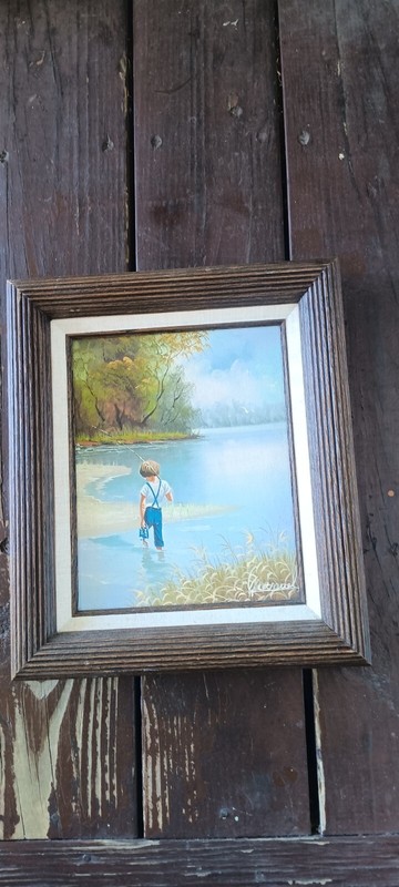 Vintage Original Oil Painting Of Little Boy Fishing By C. Manuel