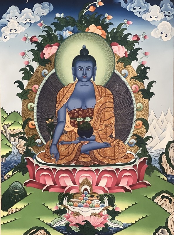 MEDICINE BUDDHA DIGITAL GICLEE TIBETAN THANGKA PRINT WITH PREMIUM SILK BROCADE gallery