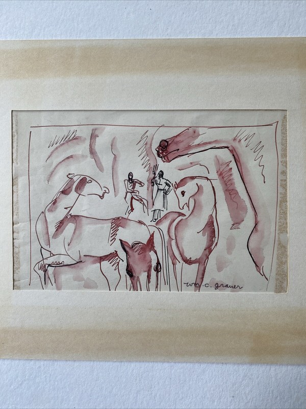 William C. Grauer (Ohio 1896-1985) Farmers, Horses Signed Watercolor Modernist gallery