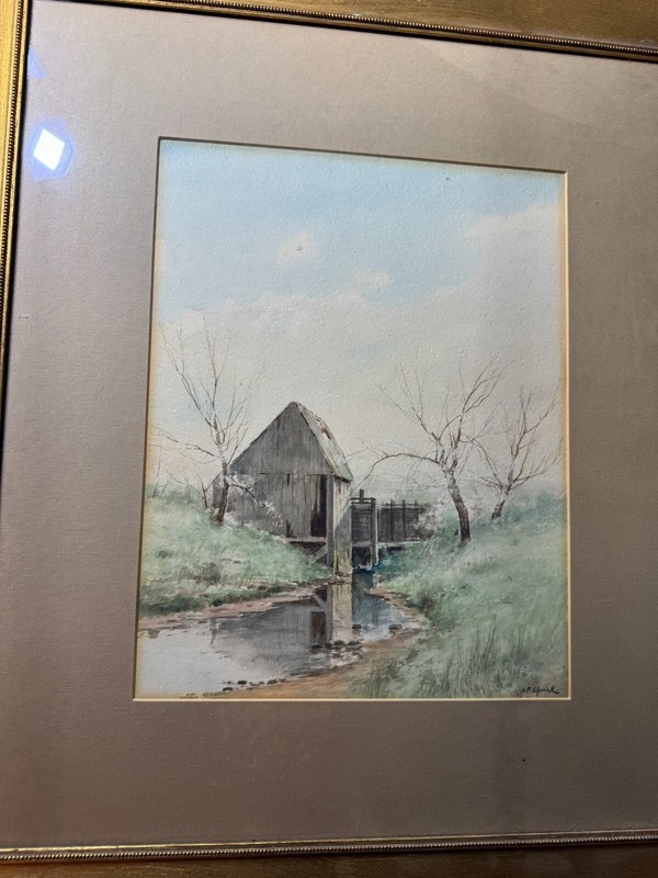 Charles Francis Shuck (1867 - 1896) "Mill Scene" Watercolor Painting - Framed gallery
