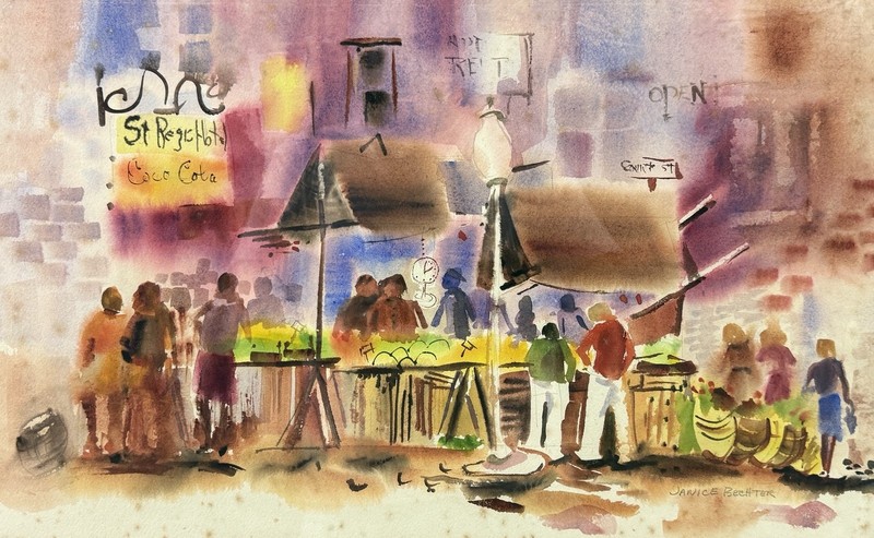 American 20th C, Janice Bechter, Vintage Watercolor Painting, Market Scene