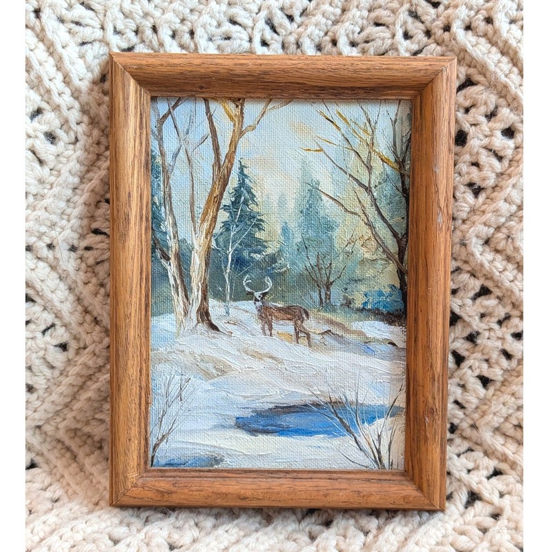 Miniature Winter Landscape Oil Painting Buck Deer in Snow Framed 5×7 Art