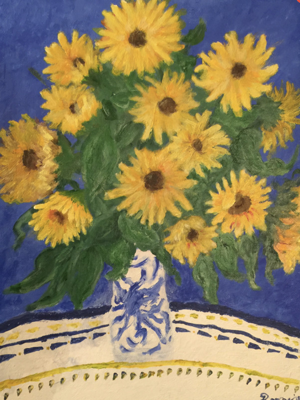 Sunflowers Painting Art Print Poster original 11 x 14 blue yellow white