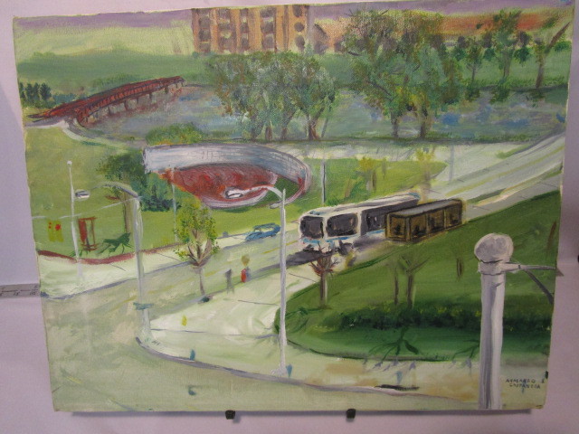 vintage original Armando Castaneda oil painting BUS STOP AT THE PARK 14×18