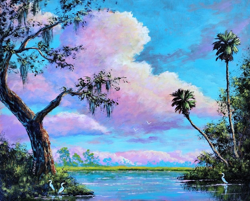 Tropical Wild Florida Landscape Painting Big Sky by Artist Stan Prather 16×20