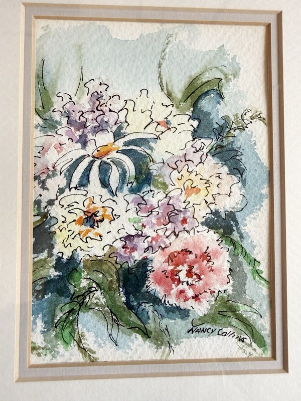 Original Nancy Collins Small Floral Watercolor Painting- Signed Framed & Matted gallery