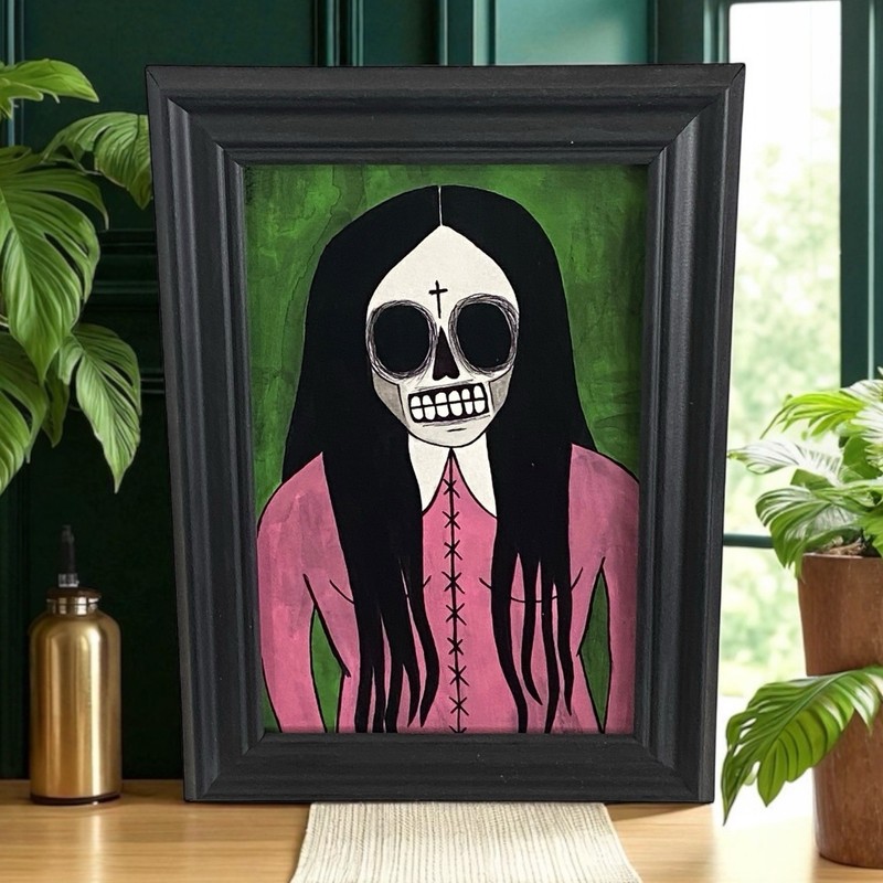 Original Painting Skull Face Girl Skeleton Dead framed Dark art Ooak Halloween