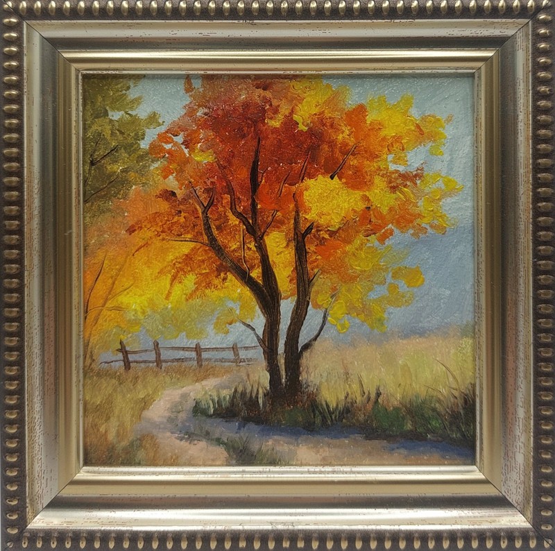 Landscape Gold tree Original oil painting Miniature Impressionism Size 4×4
