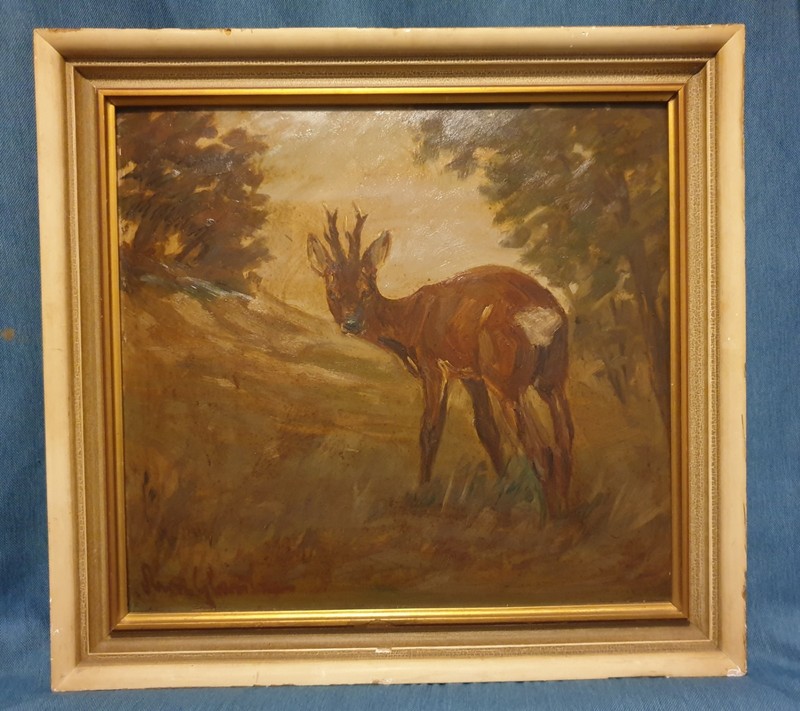 Original Oil Painting Deer in Forest Wildlife Art Mid Century 70x65cm On Canvas