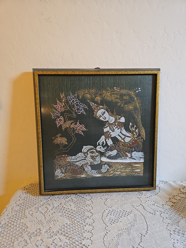 Vintage Thai Framed Threaded Painting On Silk Gold Silver Multicolor Art MCM