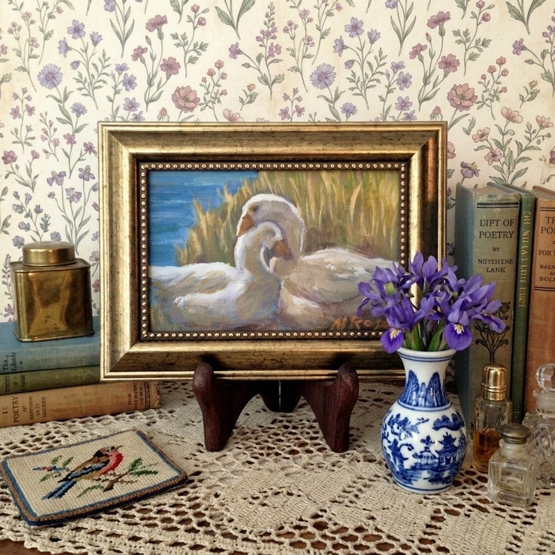 Geese Painting Cottagecore Oil Acrylic «A Tail Of Two Geese» 5.5 X 7.5 In Frame