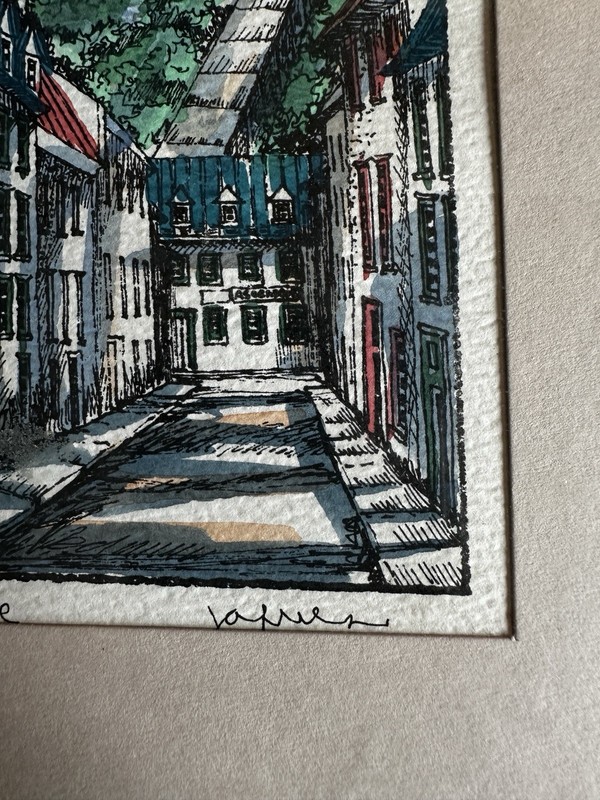 VTG Watercolor Ink Lithograph L’ascenseur Quebec Signed Jacques 8x10 Framed gallery