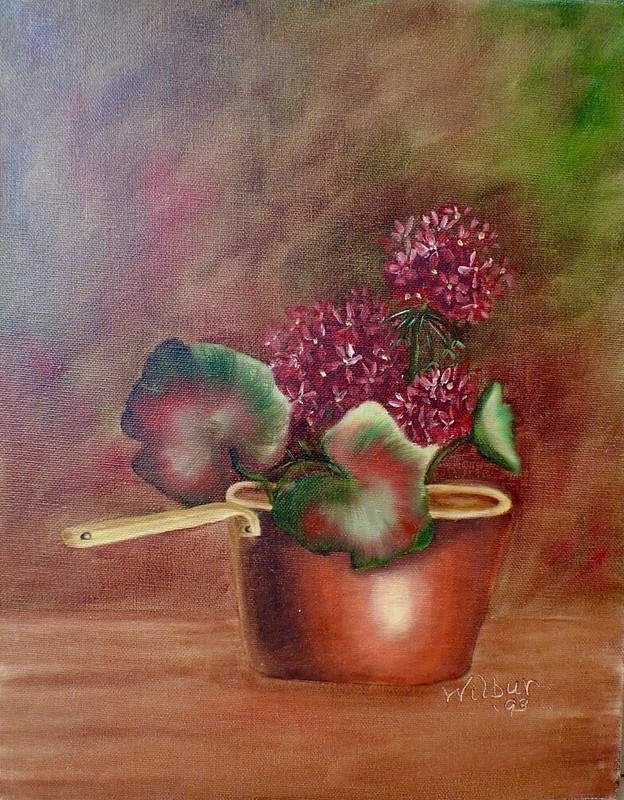Wilbur ’93 Floral Still Life w/ Geraniums & Copper Pot Painting Art Canvas 14×11