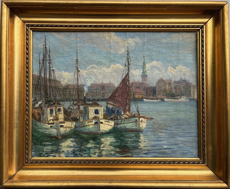 Georg Gundorff Impressionist City Harbor With Boats, Copenhagen Oil Painting