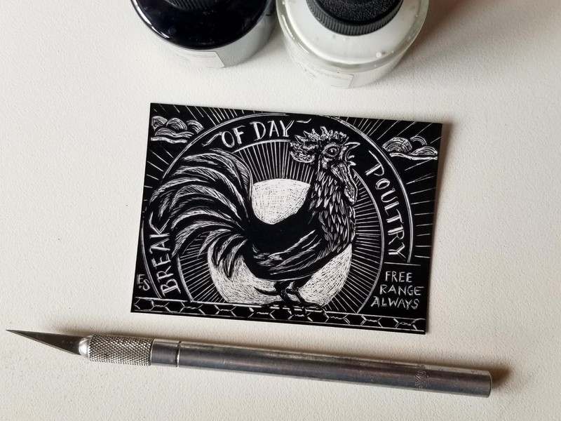 Rooster Chicken Original ACEO Scratchboard Art Card bird aznative68 gallery