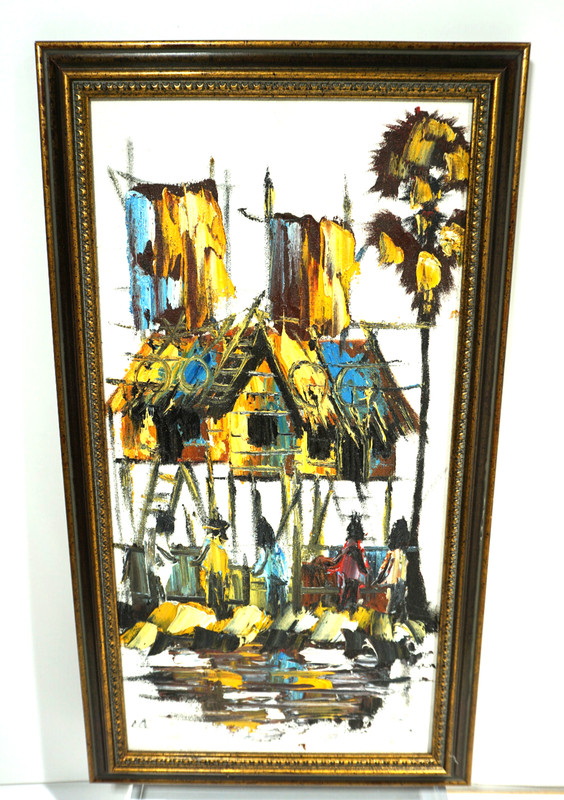 Asian House Village Scene Abstract Canvas Oil Painting Framed Art